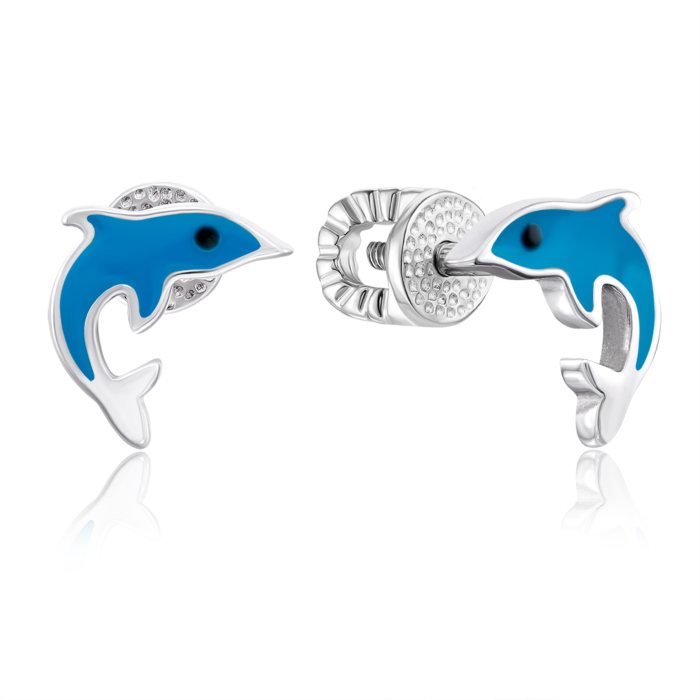 Серебряные серьги-пуссеты «Дельфин» с эмалью. Артикул 40024/12/1/1430