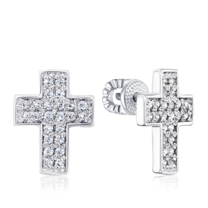 Серебряные серьги-пуссеты «Крестики» с фианитами. Артикул 40493/12/1/1