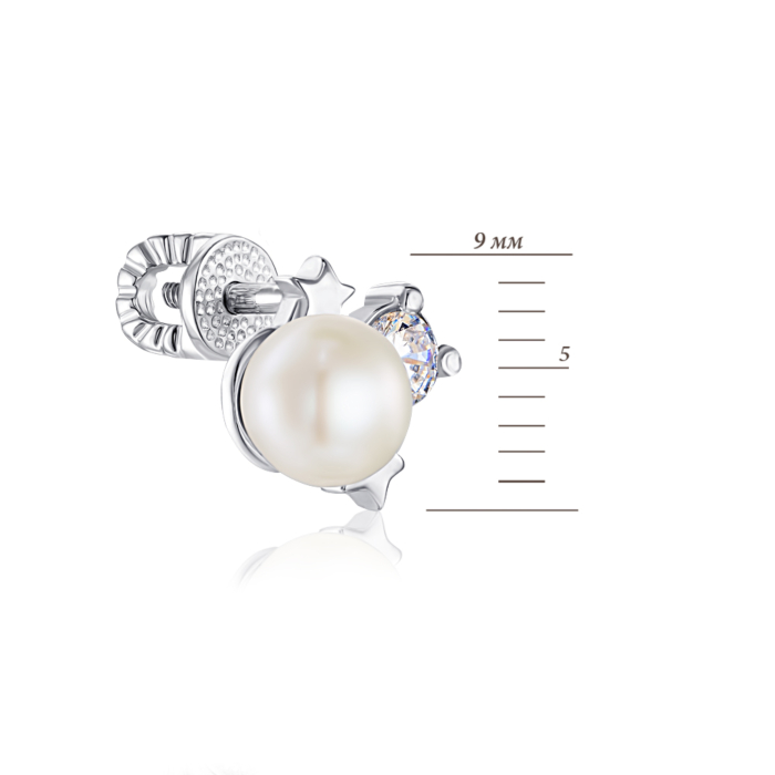 Серебряные серьги-пуссеты с фианитами и жемчугом. Артикул 41202/12/1/4111