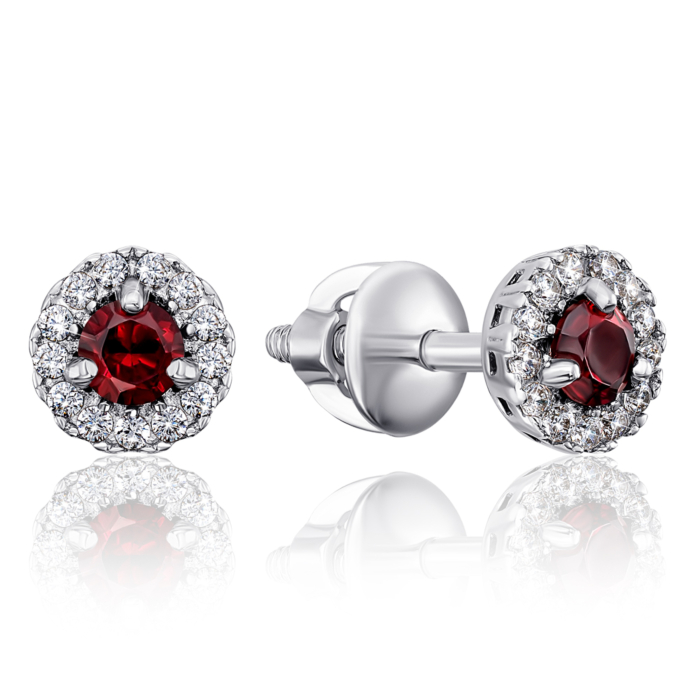 Срібні сережки-пусети з гранатом і фіанітами. Артикул 2111/9р-GAR