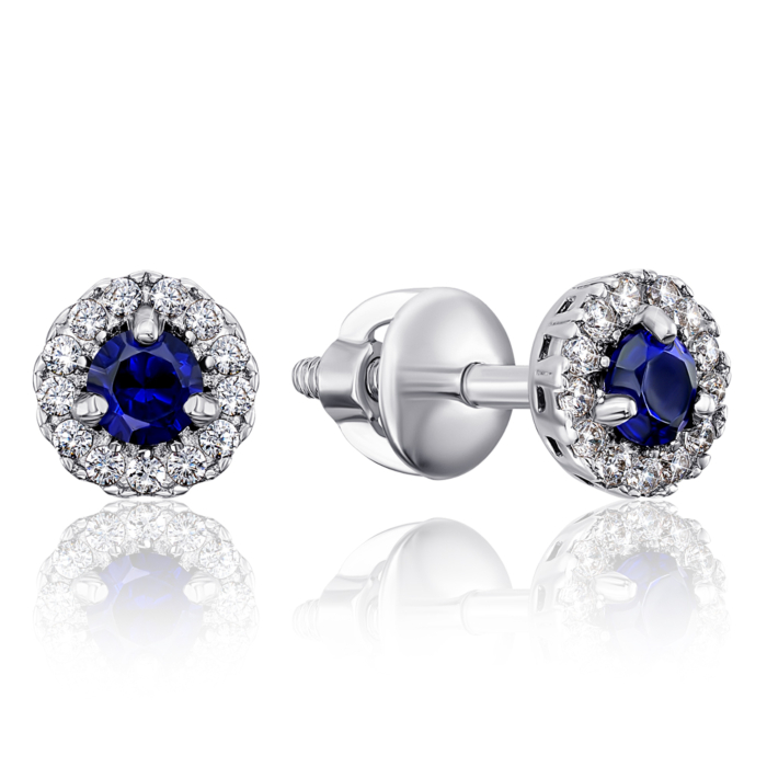 Срібні сережки-пусети з сапфіром і фіанітами. Артикул 2111/9р-HSPH
