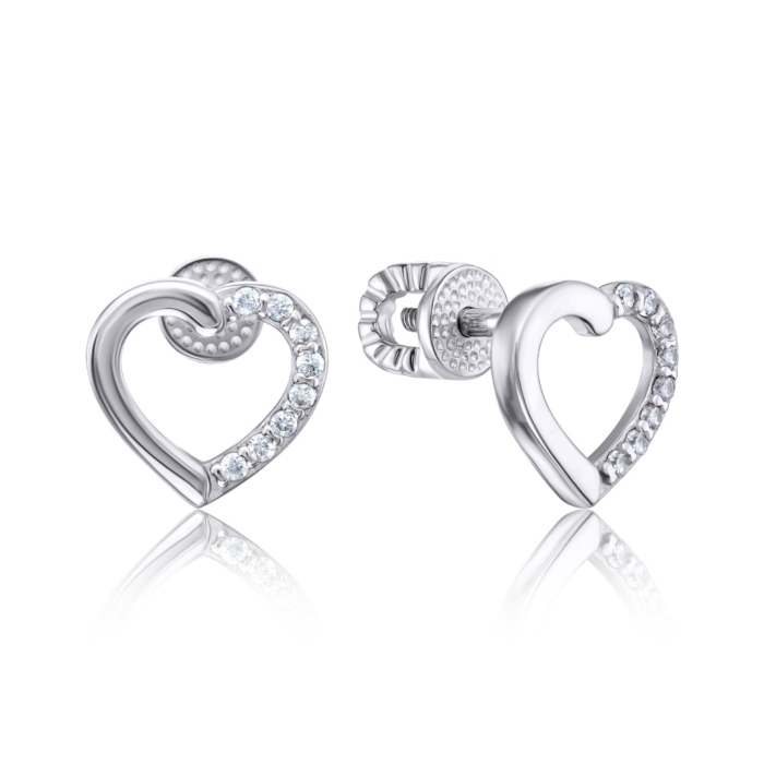 Срібні сережки-пусети «Серце» з фіанітами. Артикул 40623/12/1/1