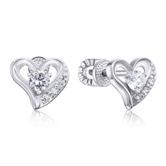 Срібні сережки-пусети «Серце» з фіанітами. Артикул 40663/12/1/214