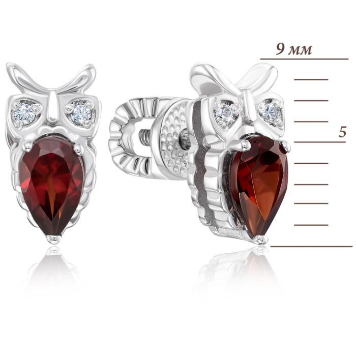 Серебряные серьги-пуссеты «Сова» с гранатом. Артикул 40358/12/1/6635