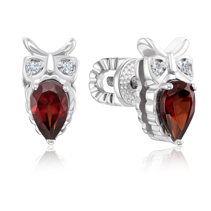 Серебряные серьги-пуссеты «Сова» с гранатом. Артикул 40358/12/1/6635