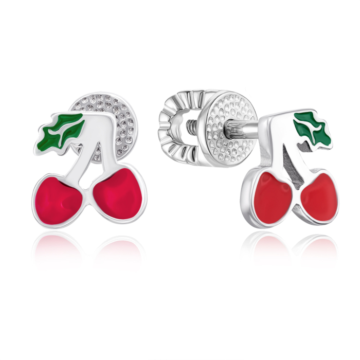 Серебряные серьги-пуссеты «Вишни» с эмалью. Артикул 40025/12/1/957