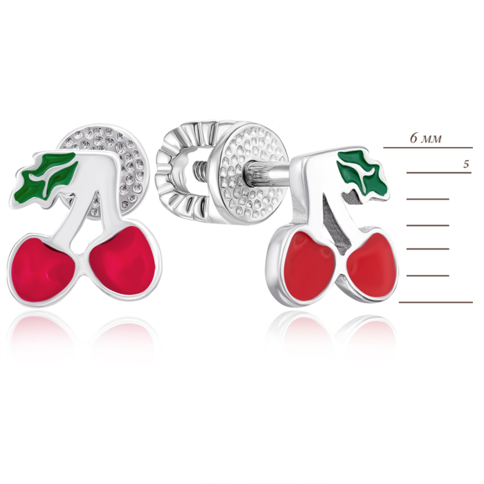 Серебряные серьги-пуссеты «Вишни» с эмалью. Артикул 40025/12/1/957