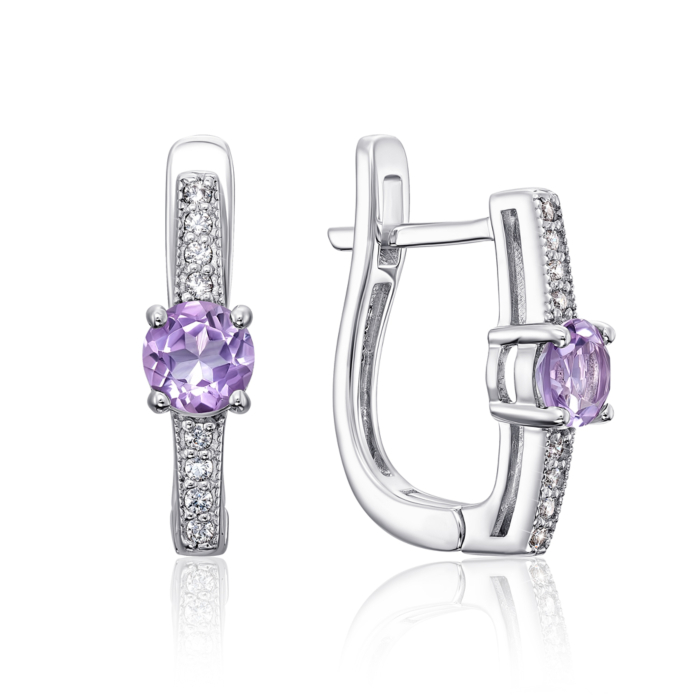 Срібні сережки з аметистом і фіанітами. Артикул E619-E/12/5762