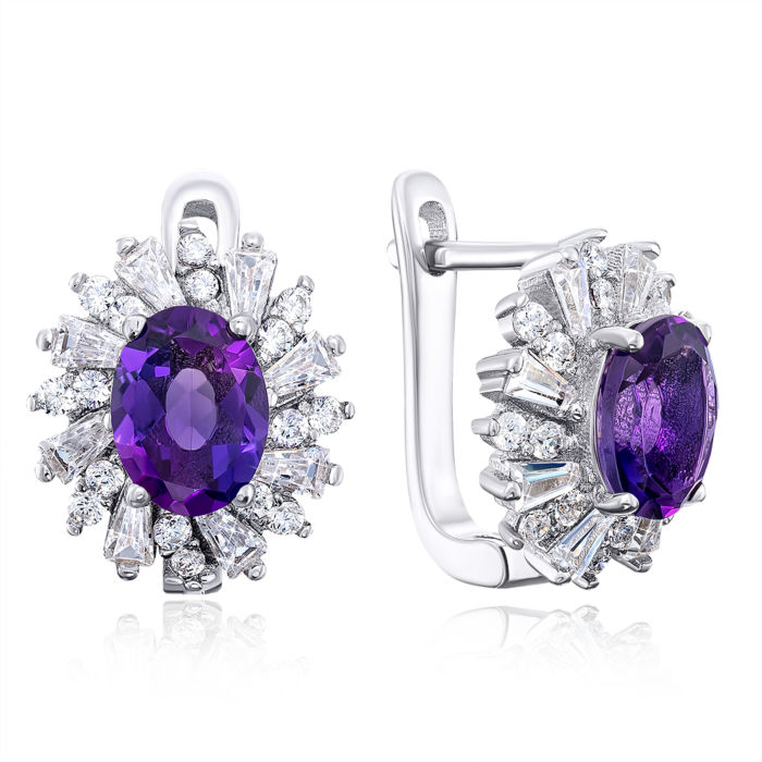Серебряные серьги с аметистом и фианитами. Артикул NA555-E/12/6162