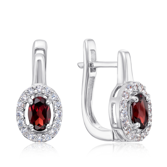 Срібні сережки з гранатом і фіанітами. Артикул E66-E/12/5027