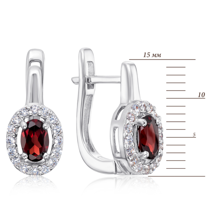 Срібні сережки з гранатом і фіанітами. Артикул E66-E/12/5027