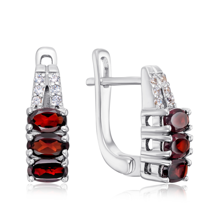 Срібні сережки з гранатом і фіанітами. Артикул GRE1990-E/12/5232
