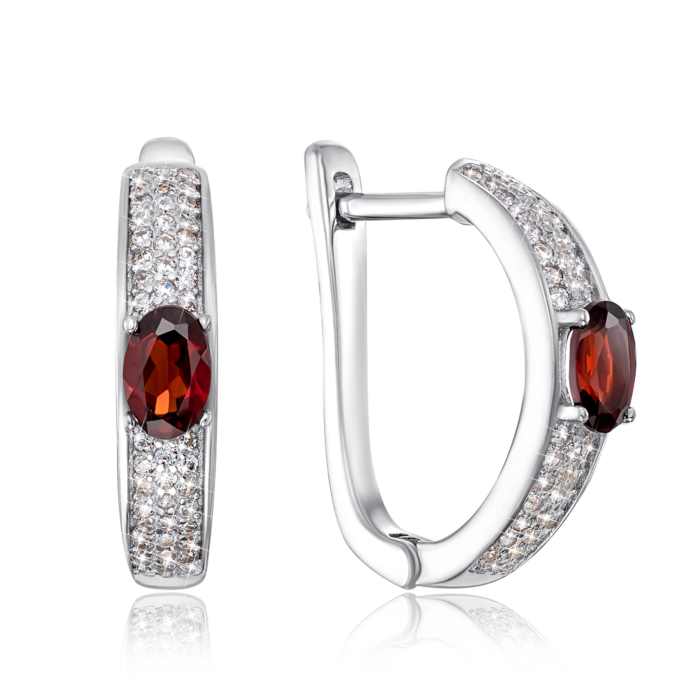 Срібні сережки з гранатом і фіанітами. Артикул NA-435-E/12/5027