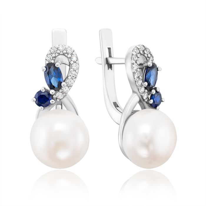 Серебряные серьги с сапфиром и жемчугом. Артикул 2042/1р-PWTHS