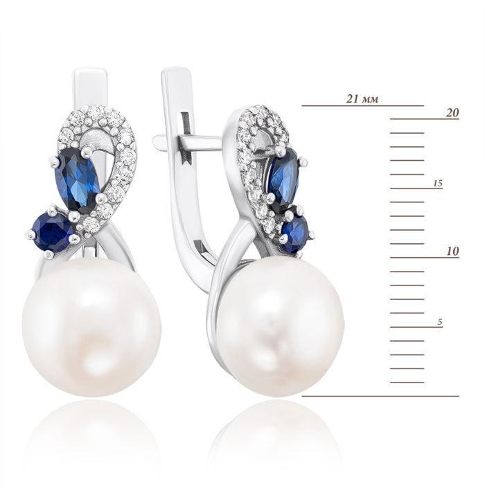 Срібні сережки з сапфіром і перлиною. Артикул 2042/1р-PWTHS