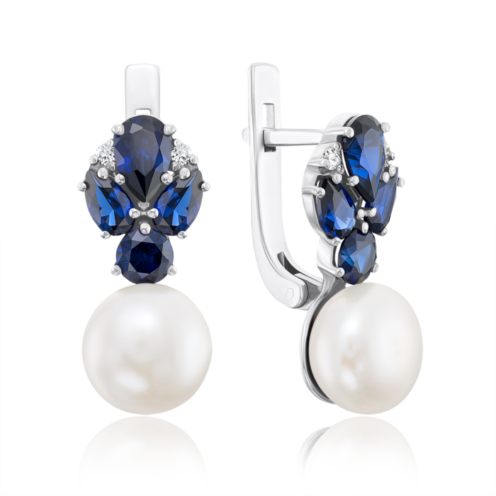 Серебряные серьги с сапфиром и жемчугом. Артикул 2979/9р-PWTHS