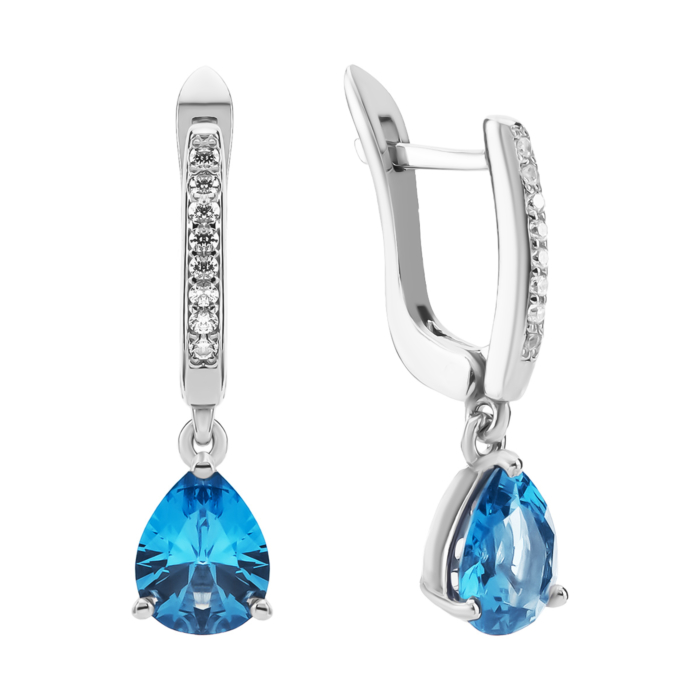 Срібні сережки з кварцем London blue та фіанітами. Артикул UG52529/1р-QLB