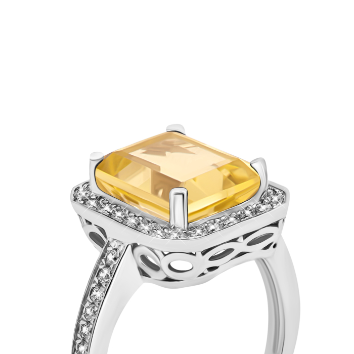 Серебряное кольцо с желтым кварцем и фианитами. Артикул UG5SR18086 к кварц лим