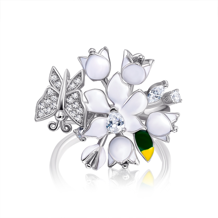 Серебряная кольцо «Цветы» с фианитами и эмалью. Артикул SR30614-BW-R/12/2282