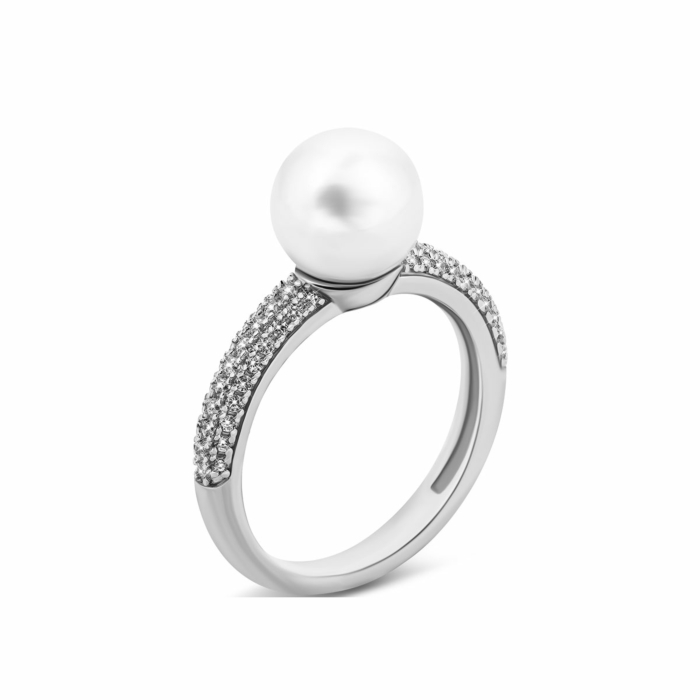 Срібна каблучка з перлиною і фіанітами. Артикул UG5SR37082