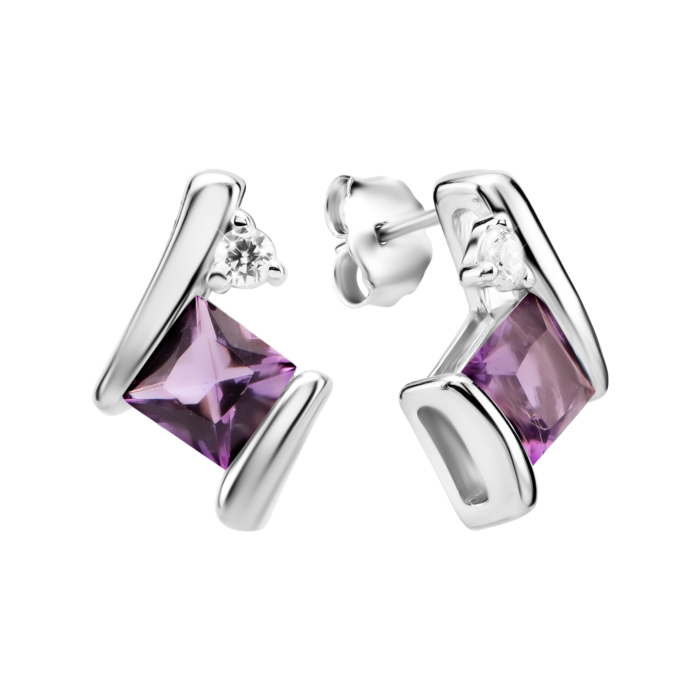 Серебряные пусеты с аметистом и фианитами. Артикул UG5SZDE75972-1