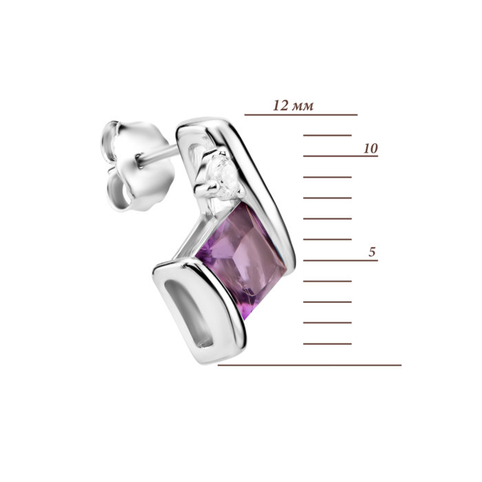 Серебряные пусеты с аметистом и фианитами. Артикул UG5SZDE75972-1