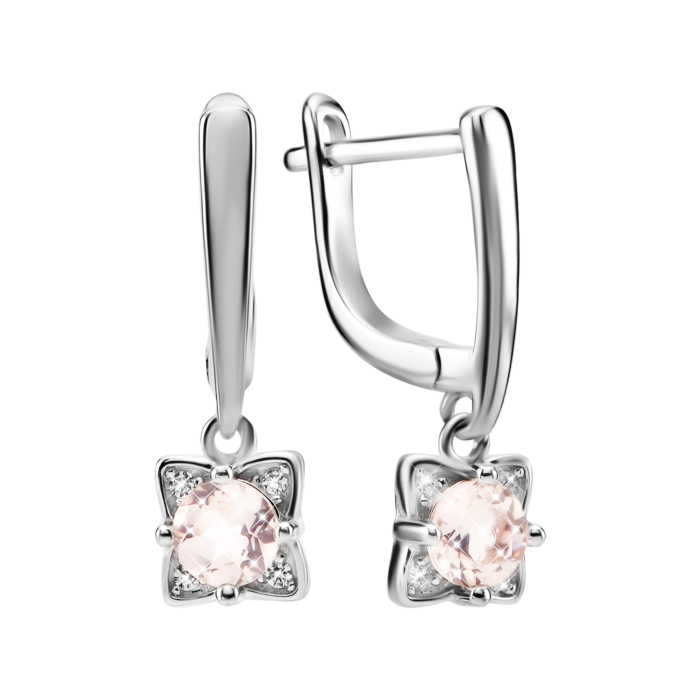 Срібні сережки-підвіски з рожевим кварцом та фіанітами. Артикул UG5SZDE15187-1