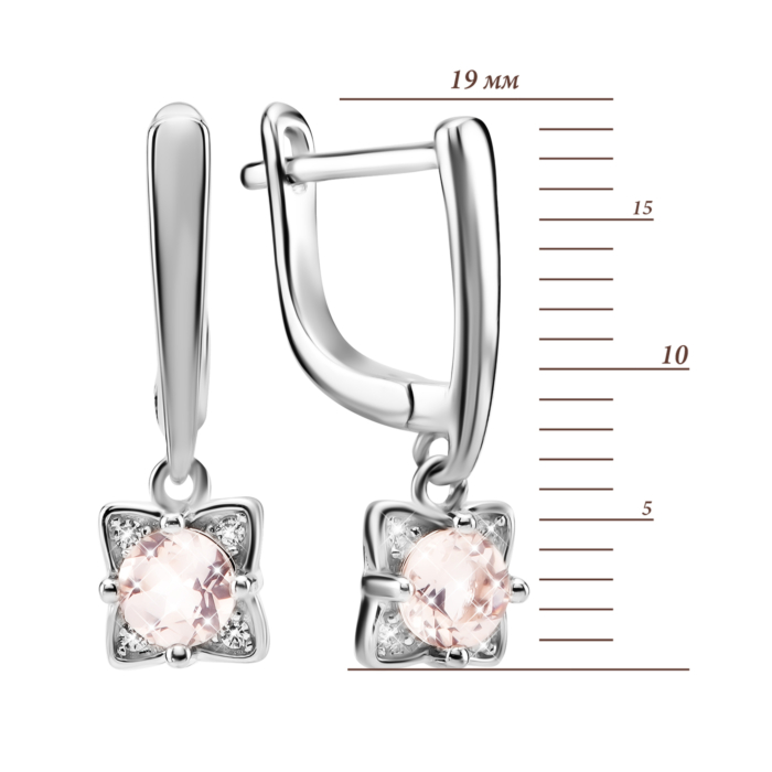 Срібні сережки-підвіски з рожевим кварцом та фіанітами. Артикул UG5SZDE15187-1