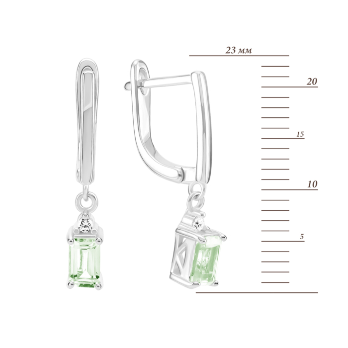 Срібні сережки-підвіски з зеленим кварцом та фіанітом. Артикул UG5SZDE15224