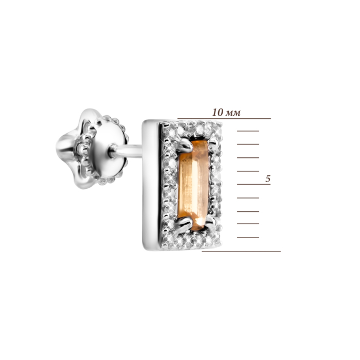 Срібні сережки-пусети з цитрином та фіанітами. Артикул UG52490/1р-CITR