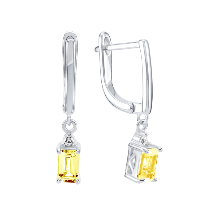 Срібні сережки-підвіски з цитрином та фіанітом. Артикул UG5SZDE15224-1