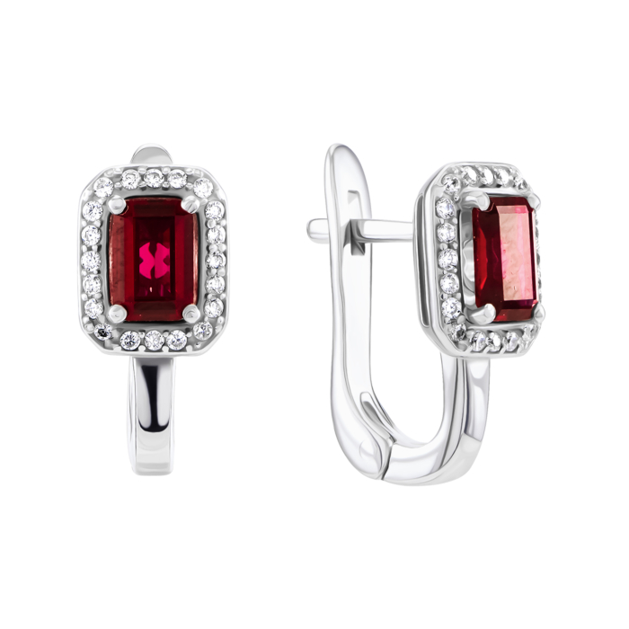 Серебряные серьги с гидротермальным рубином и фианитами. Артикул UG52603/1р-HRUB