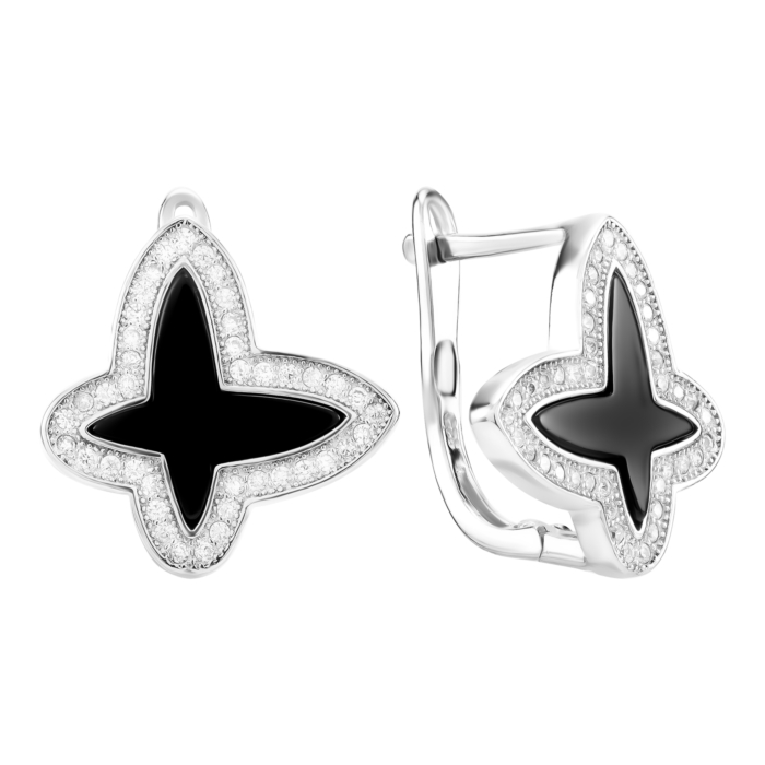 Срібні сережки з оніксом та фіанітами. Артикул UG5СК2ОФ/1035