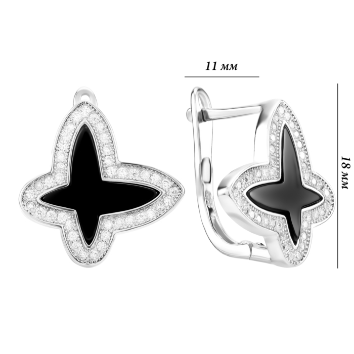 Срібні сережки з оніксом та фіанітами. Артикул UG5СК2ОФ/1035