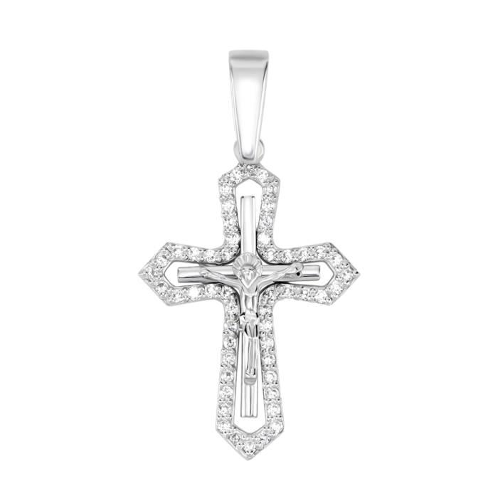 Срібний хрестик з фіанітами. Розп'яття Христове. Артикул UG52-0225.0.2