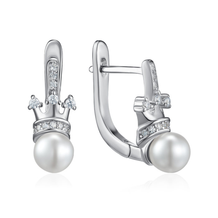 Серебряные серьги с жемчугом и фианитами. Артикул SZDE15098-E/12/4609