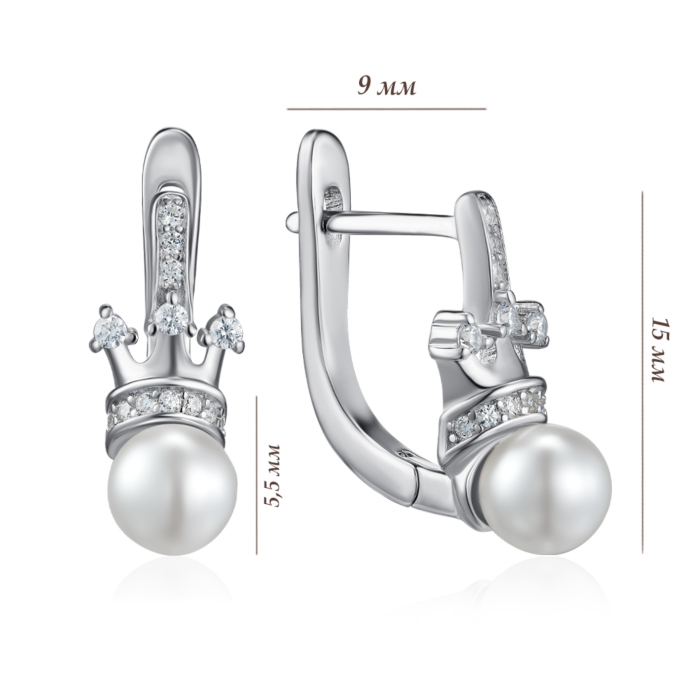 Серебряные серьги с жемчугом и фианитами. Артикул SZDE15098-E/12/4609