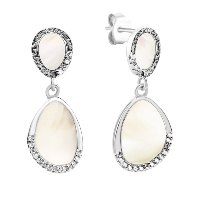 Срібні сережки-підвіски з перламутром та фіанітами. Артикул UG5SZDE16428