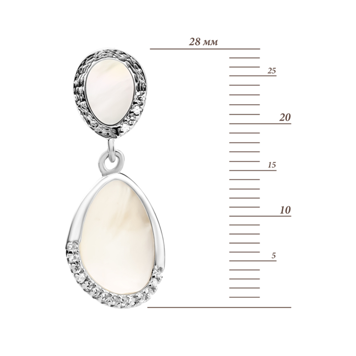 Срібні сережки-підвіски з перламутром та фіанітами. Артикул UG5SZDE16428