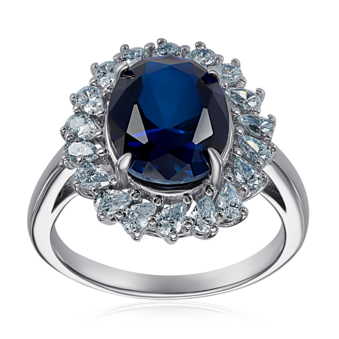 Срібна каблучка з сапфіром та фіанітами. Артикул TR-1133-BL-7-S-R/12/21219