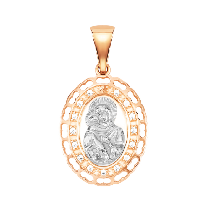 Золота підвіска-іконка «Божа Матір» з фіанітами. Артикул UG5ПВ415(в)и