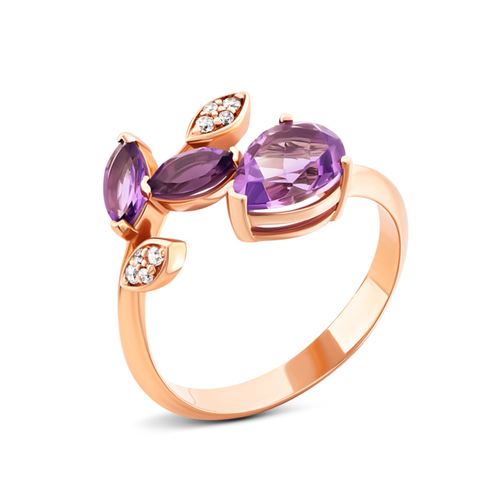 Золота каблучка з аметистом і фіанітами.Артикул UG5к445ам