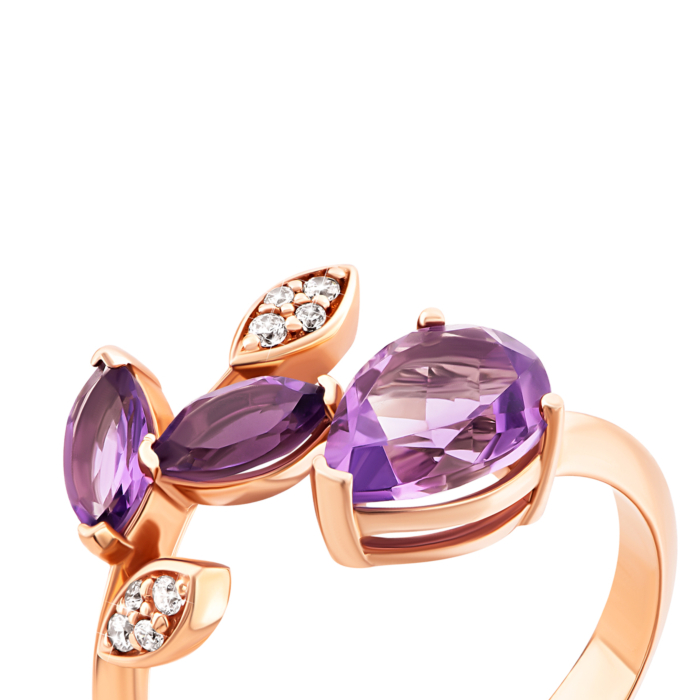 Золота каблучка з аметистом і фіанітами.Артикул UG5к445ам