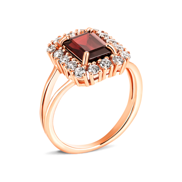 Золота каблучка з гранатом і фіанітами. Артикул UG5к449пр