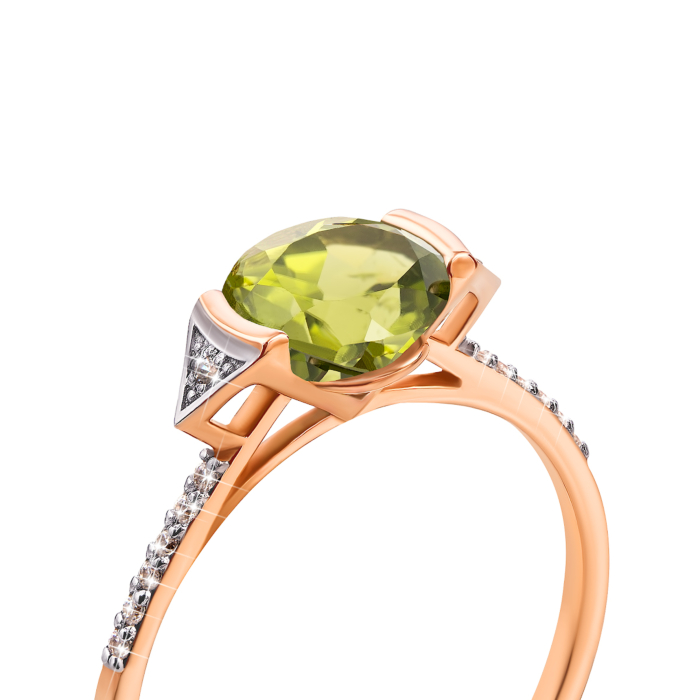 Золотое кольцо с хризолитом и фианитами (530198/01/1/5475)