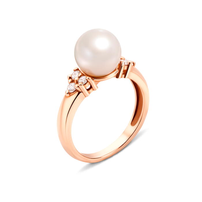 Золотое кольцо с жемчугом и фианитами. Артикул 13097