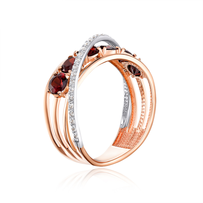 Золота каблучка з гранатом і фіанітами. Артикул 530379/01/1/7210