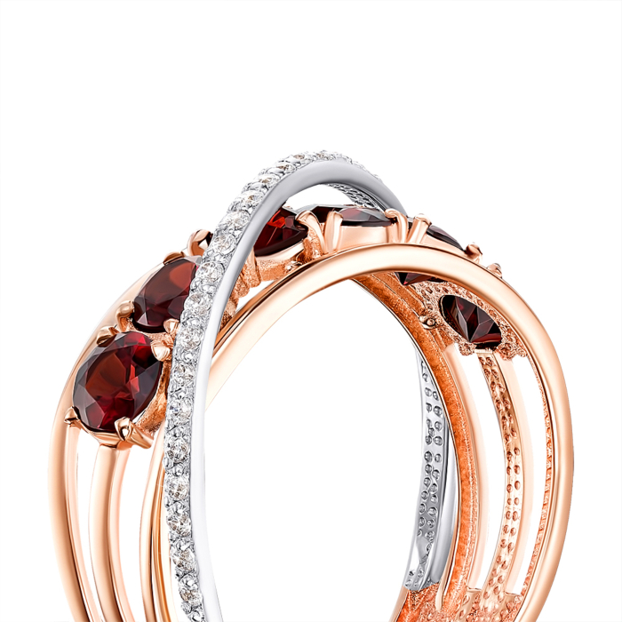 Золота каблучка з гранатом і фіанітами. Артикул 530379/01/1/7210