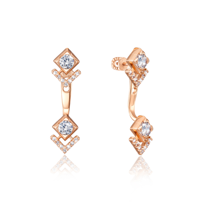 Золотые пуссеты-джекеты с фианитами. Артикул 22212/01/0/2687