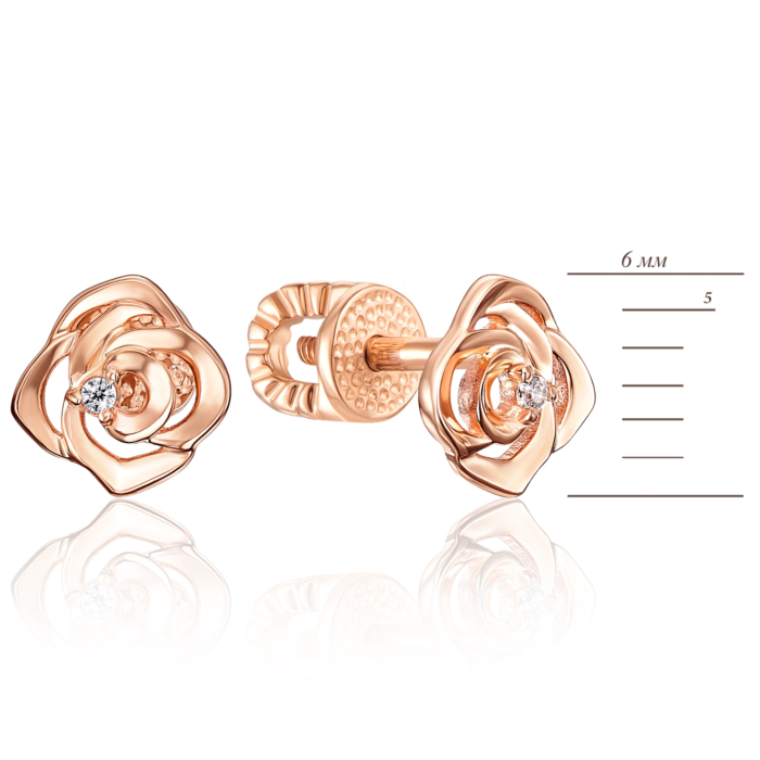 Золотые пуссеты «Роза» с фианитами. Артикул 22024/01/0/1